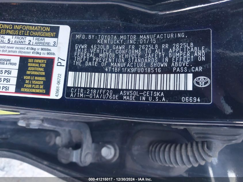 VIN 4T1BF1FK9FU018516 2015 Toyota Camry, SE no.9