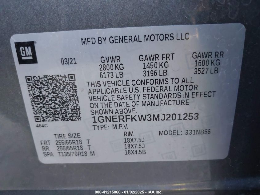 VIN 1GNERFKW3MJ201253 2021 CHEVROLET TRAVERSE no.9