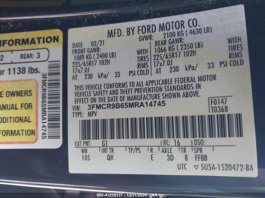 2021 FORD BRONCO SPORT BIG BEND - 3FMCR9B65MRA14745