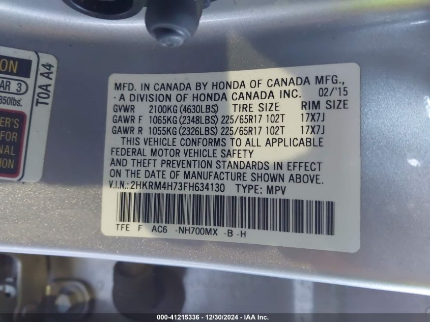 VIN 2HKRM4H73FH634130 2015 Honda CR-V, Ex-L no.9