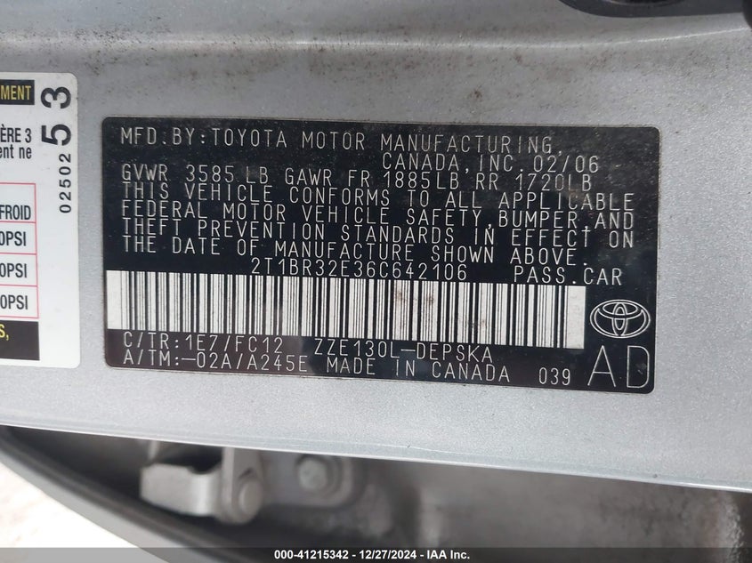 2006 TOYOTA COROLLA VIN: 2T1BR32E36C642106