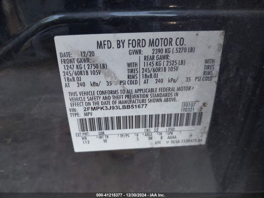 VIN 2FMPK3J93LBB51677 2020 Ford Edge, Sel no.9