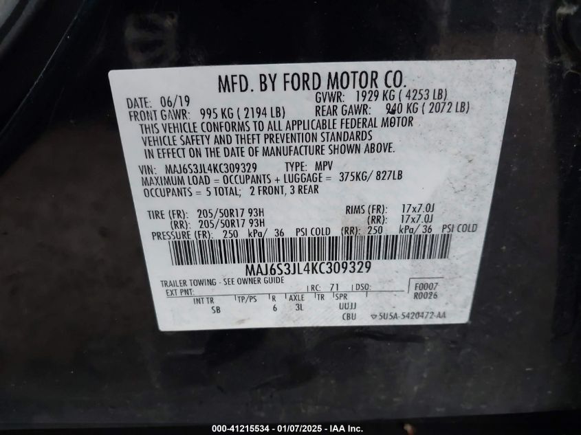 2019 Ford Ecosport Ses VIN: MAJ6S3JL4KC309329 Lot: 41215534