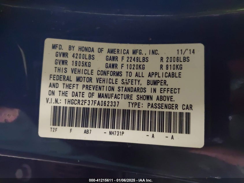 2015 HONDA ACCORD VIN: 1HGCR2F37FA062337