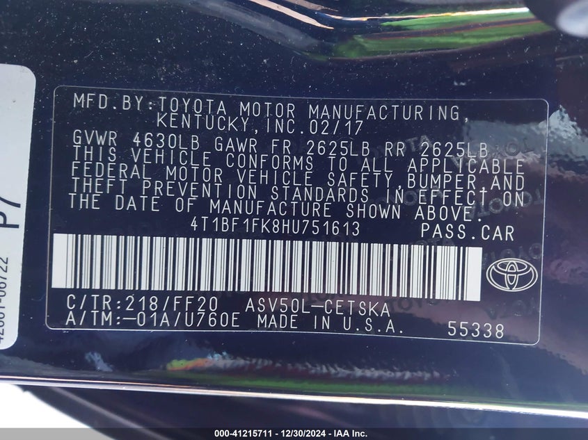 2017 TOYOTA CAMRY VIN: 4T1BF1FK8HU751613