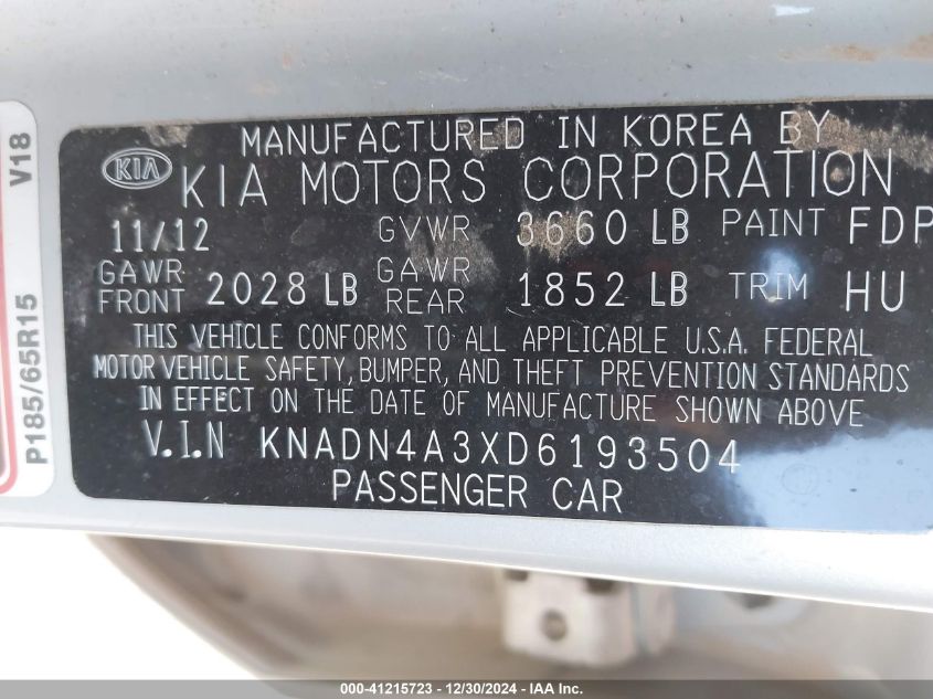 2013 Kia Rio Ex/Sx VIN: KNADN4A3XD6193504 Lot: 41215723