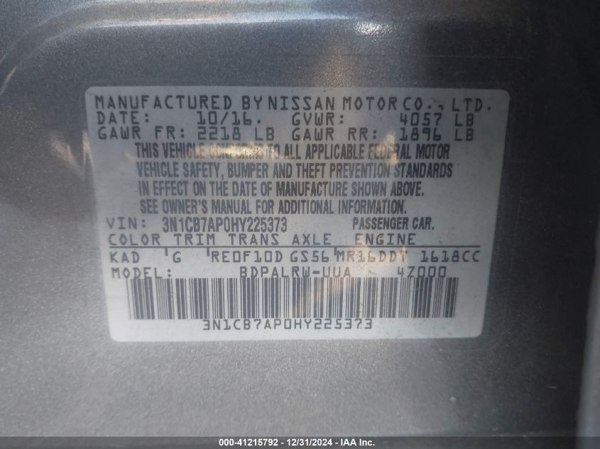 VIN 3N1CB7AP0HY225373 2017 Nissan Sentra, Sr Turbo no.9