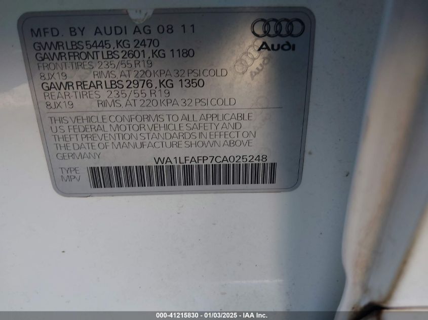 2012 Audi Q5 2.0T Premium VIN: WA1LFAFP7CA025248 Lot: 41215830
