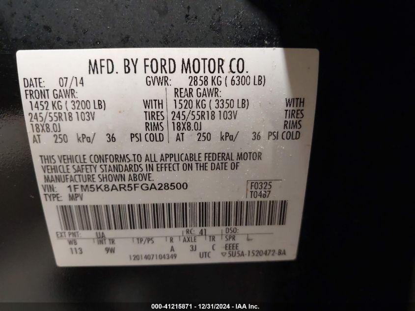 VIN 1FM5K8AR5FGA28500 2015 Ford Utility Police Inte... no.9