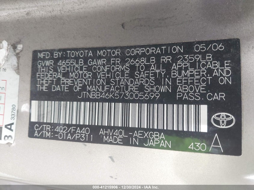 2007 TOYOTA CAMRY HYBRID VIN: JTNBB46K573005699