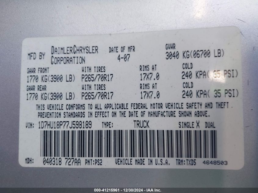 2007 Dodge Ram 1500 St VIN: 1D7HU18P77J598189 Lot: 41215961