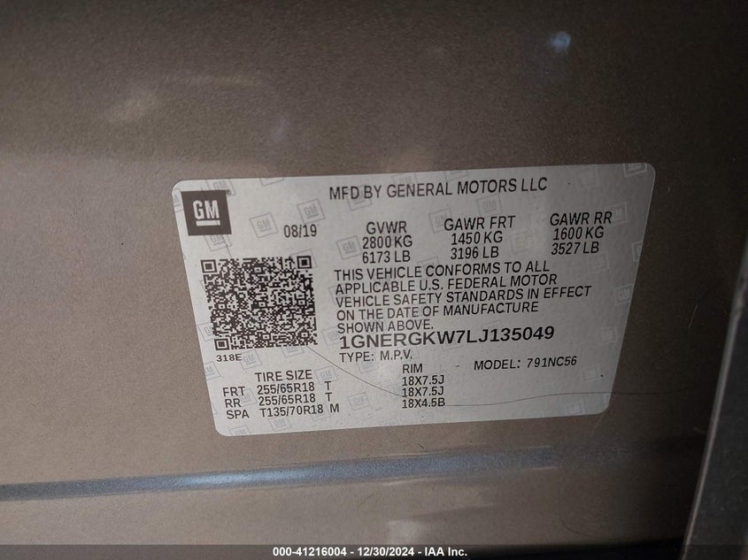 2020 CHEVROLET TRAVERSE VIN: 1GNERGKW7LJ135049