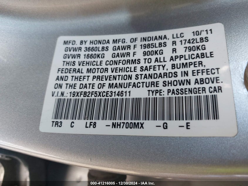 2012 HONDA CIVIC VIN: 19XFB2F5XCE314611