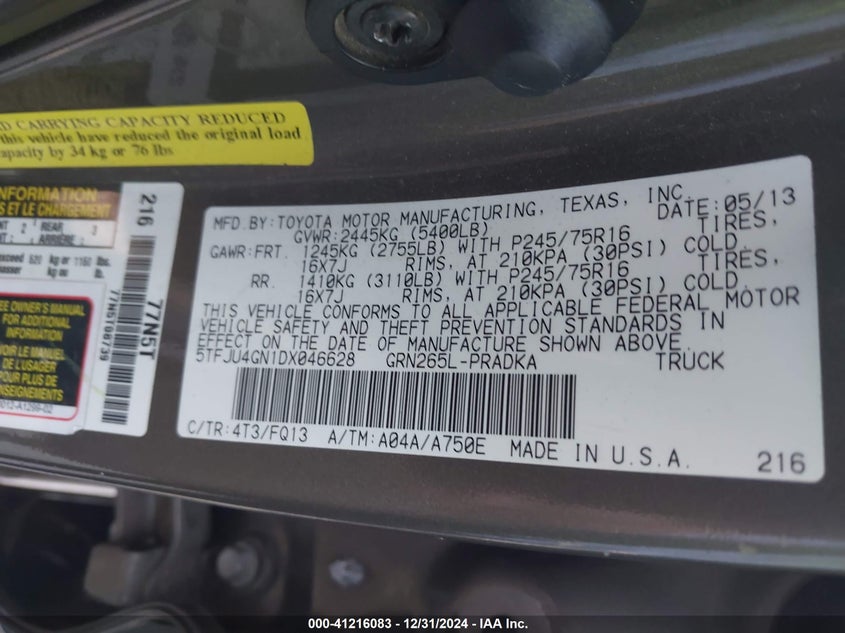 2013 TOYOTA TACOMA VIN: 5TFJU4GN1DX046628