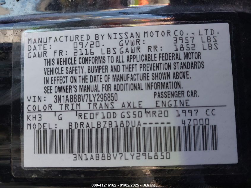 VIN 3N1AB8BV7LY296850 2020 Nissan Sentra, S Xtronic... no.9