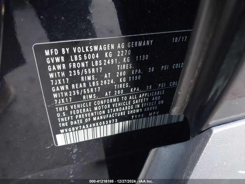 2017 Volkswagen Tiguan S/Limited VIN: WVGBV7AX4HK053973 Lot: 41216188