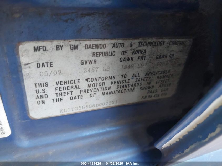 2008 Chevrolet Aveo Lt VIN: KL1TG56688B007321 Lot: 41216251