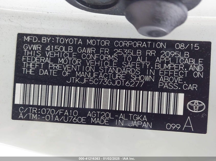 2016 SCION TC VIN: JTKJF5C73GJ016277