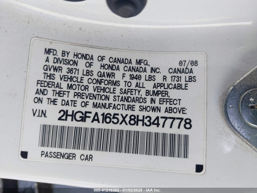 2008 HONDA CIVIC VIN: 2HGFA165X8H347778