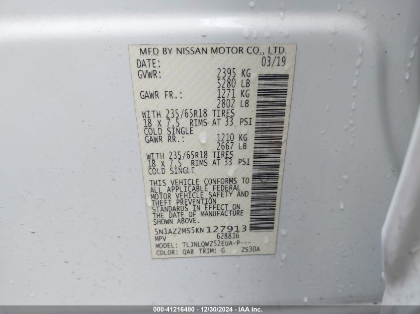 2019 Nissan Murano Sv VIN: 5N1AZ2MS5KN127913 Lot: 41216480