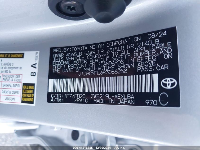 VIN JTDBCMFE6R3068258 2024 Toyota Corolla, Le/Se/Xl... no.9