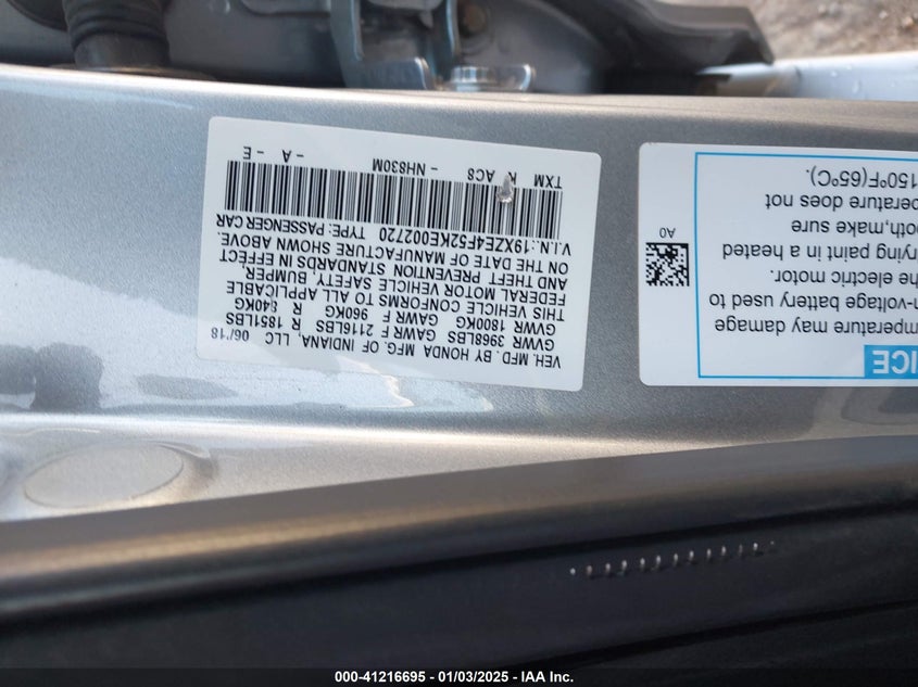 2019 HONDA INSIGHT VIN: 19XZE4F52KE002720