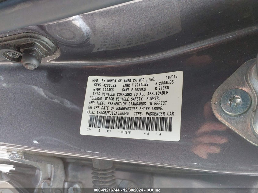 2016 HONDA ACCORD VIN: 1HGCR2F39GA006045