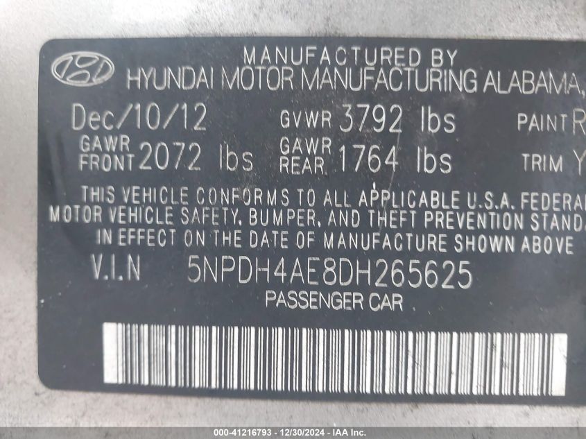 VIN 5NPDH4AE8DH265625 2013 Hyundai Elantra, Gls no.9