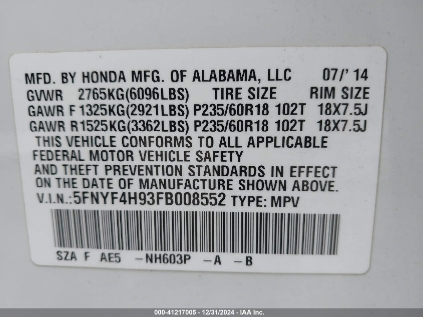 VIN 5FNYF4H93FB008552 2015 HONDA PILOT no.9