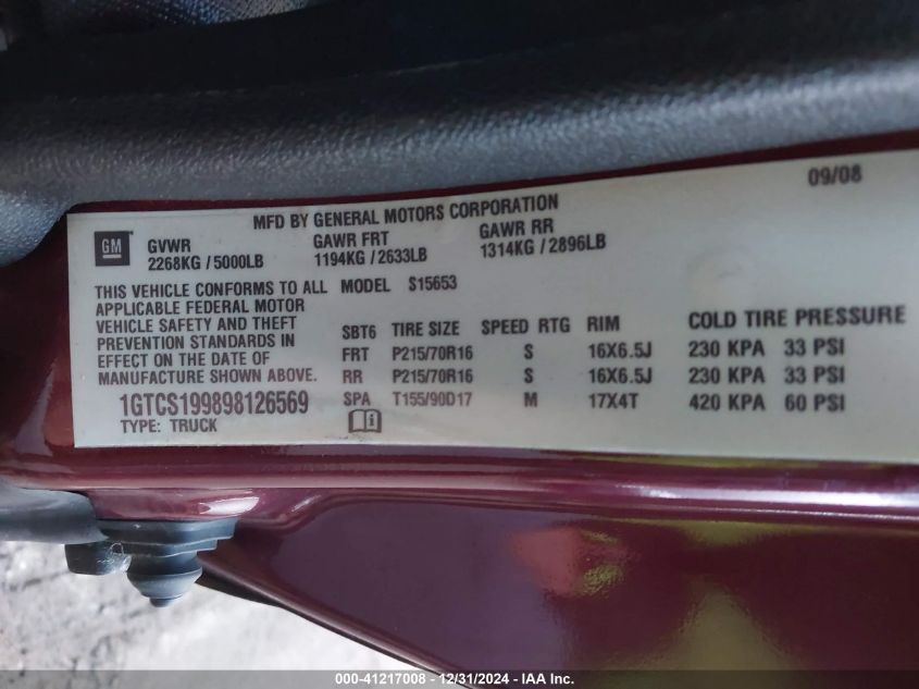 2009 GMC Canyon Sle1 VIN: 1GTCS199898126569 Lot: 41217008