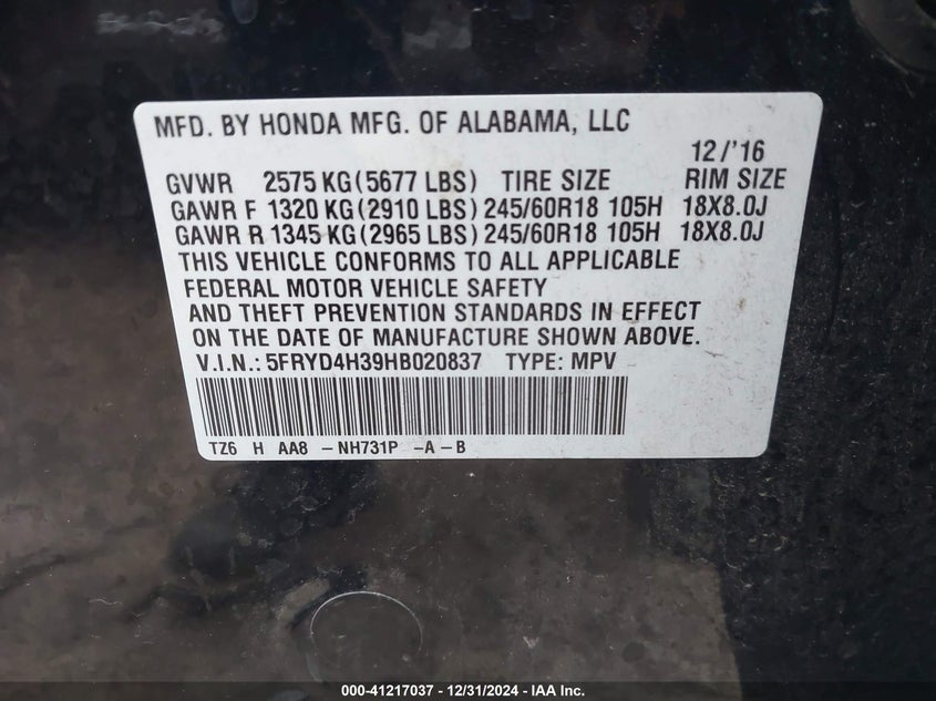 2017 Acura Mdx VIN: 5FRYD4H39HB020837 Lot: 41217037