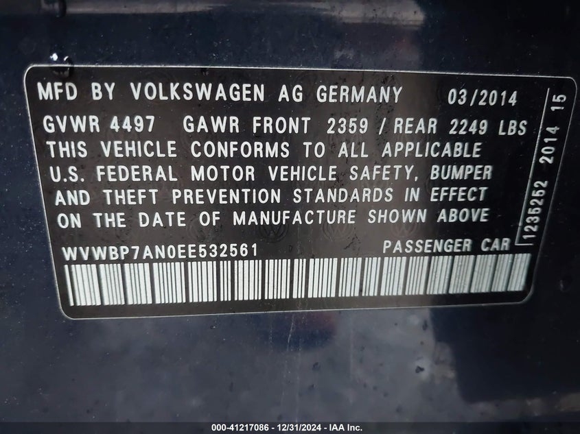 2014 VOLKSWAGEN CC VIN: WVWBP7AN0EE532561