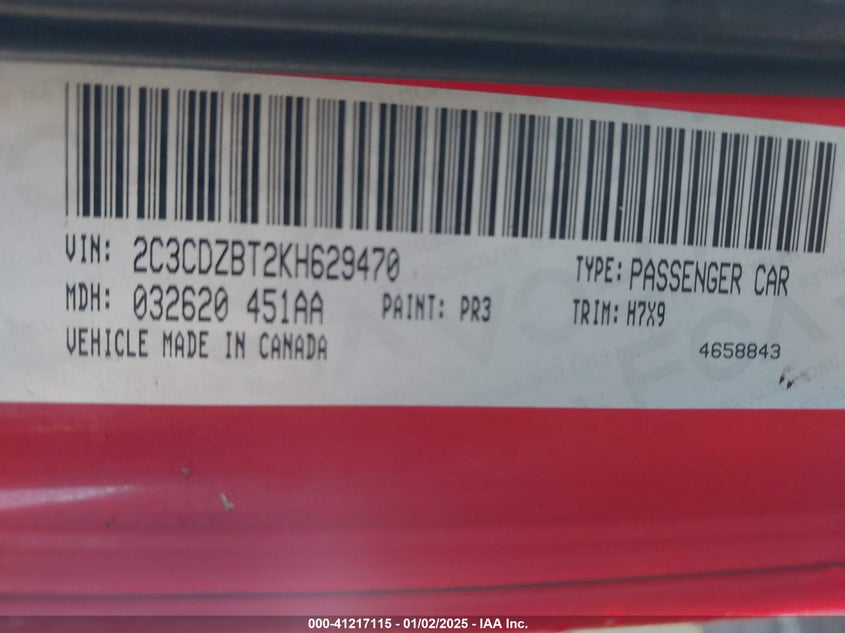 2019 DODGE CHALLENGER VIN: 2C3CDZBT2KH629470