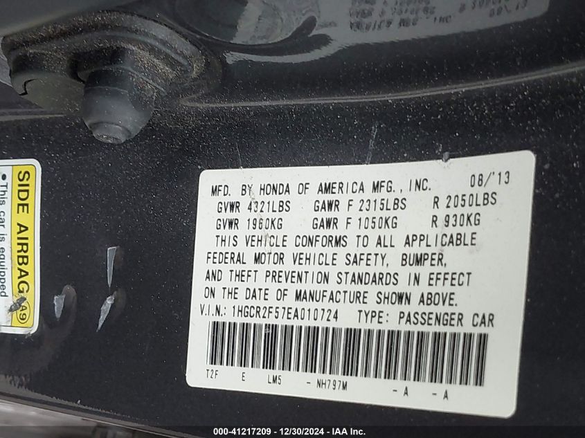 VIN 1HGCR2F57EA010724 2014 Honda Accord, Sport no.9