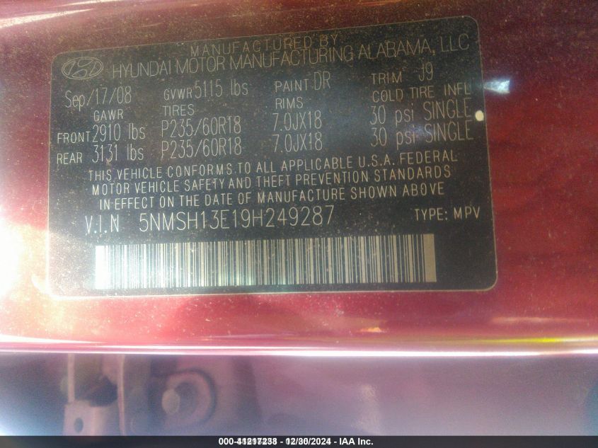 2009 Hyundai Santa Fe Se VIN: 5NMSH13E19H249287 Lot: 41217238