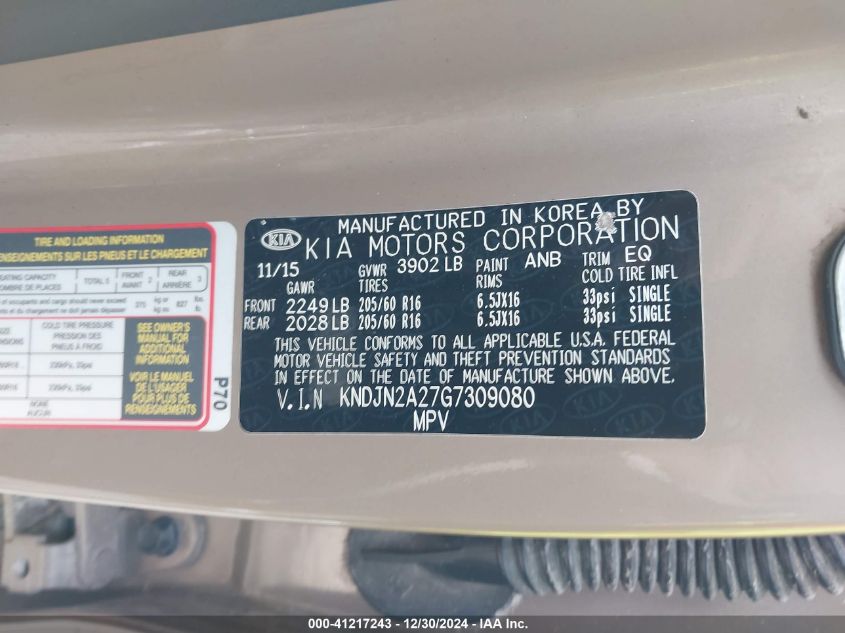 2016 Kia Soul VIN: KNDJN2A27G7309080 Lot: 41217243