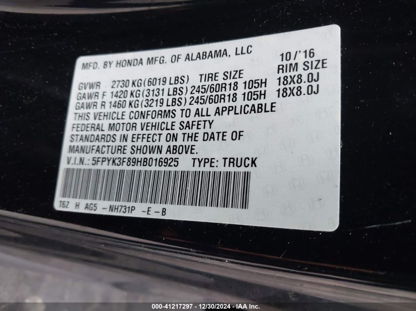 VIN 5FPYK3F89HB016925 2017 Honda Ridgeline, Black E... no.9