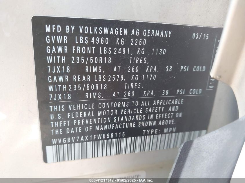 VIN WVGBV7AX1FW598115 2015 VOLKSWAGEN TIGUAN no.9