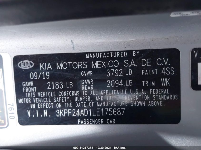 VIN 3KPF24AD1LE175687 2020 KIA FORTE no.9