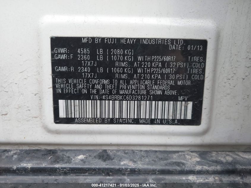 VIN 4S4BRBKC6D3281271 2013 Subaru Outback, 2.5I Lim... no.9