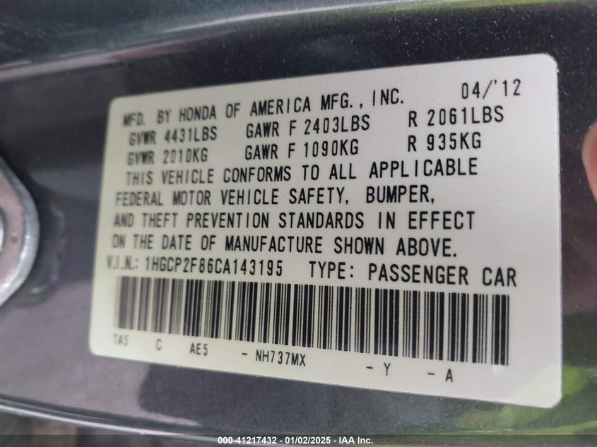 2012 HONDA ACCORD VIN: 1HGCP2F86CA143195