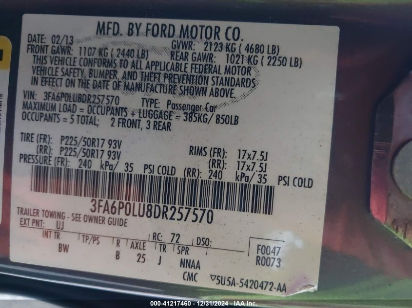 VIN 3FA6P0LU8DR257570 2013 FORD FUSION HYBRID no.9