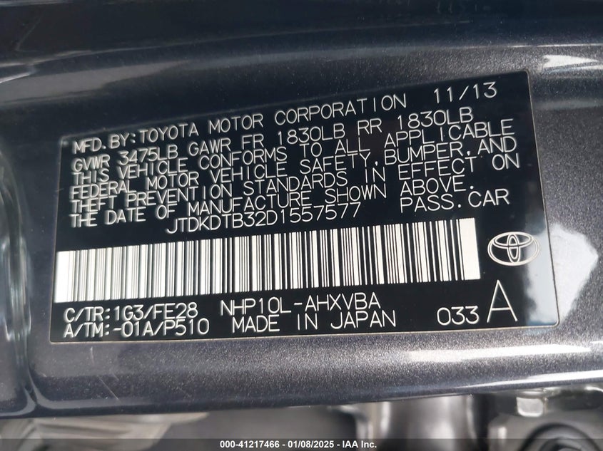 2013 TOYOTA PRIUS C VIN: JTDKDTB32D1557577
