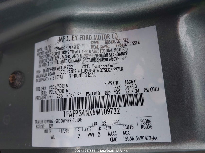 2006 FORD FOCUS VIN: 1FAFP34NX6W109722