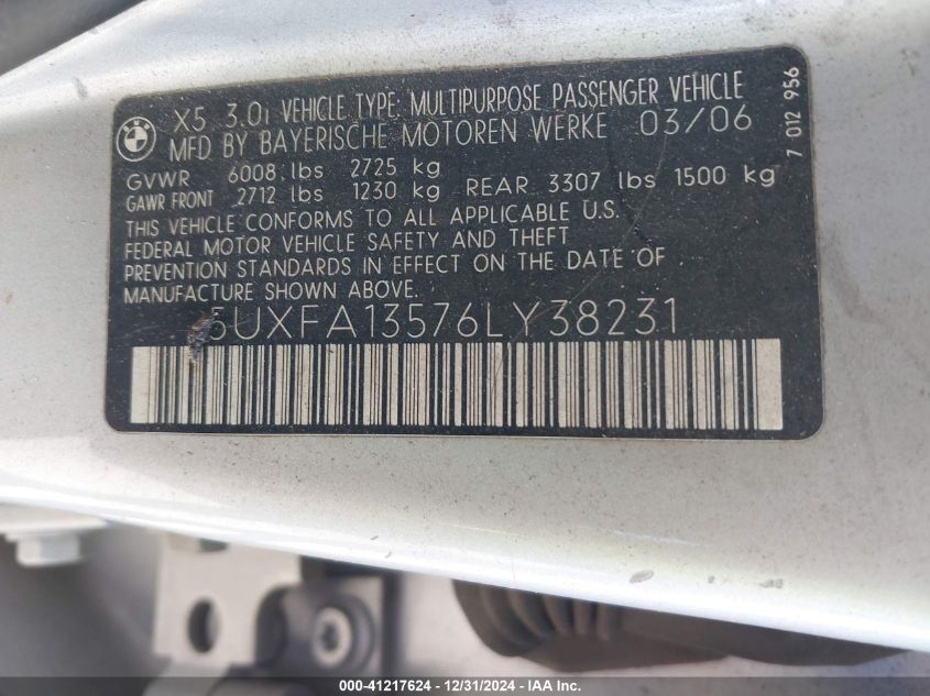 2006 BMW X5 3.0I VIN: 5UXFA13576LY38231 Lot: 41217624