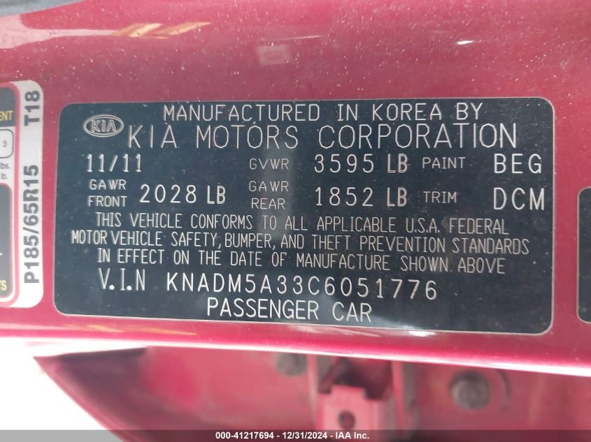 2012 Kia Rio5 Lx VIN: KNADM5A33C6051776 Lot: 41217694