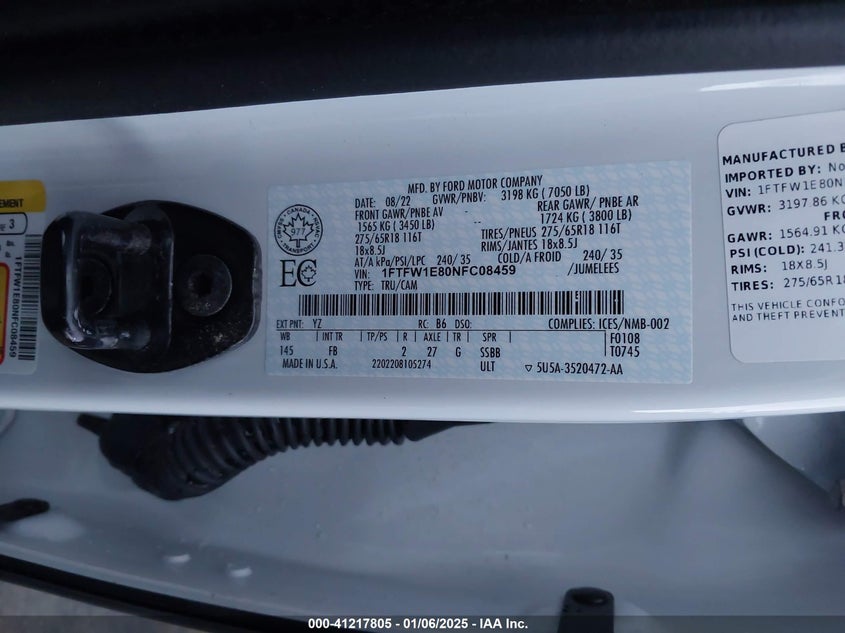 2022 FORD F-150 VIN: 1FTFW1E80NFC08459