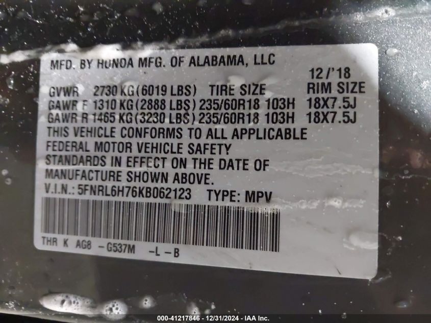 VIN 5FNRL6H76KB062123 2019 Honda Odyssey, Ex-L no.9