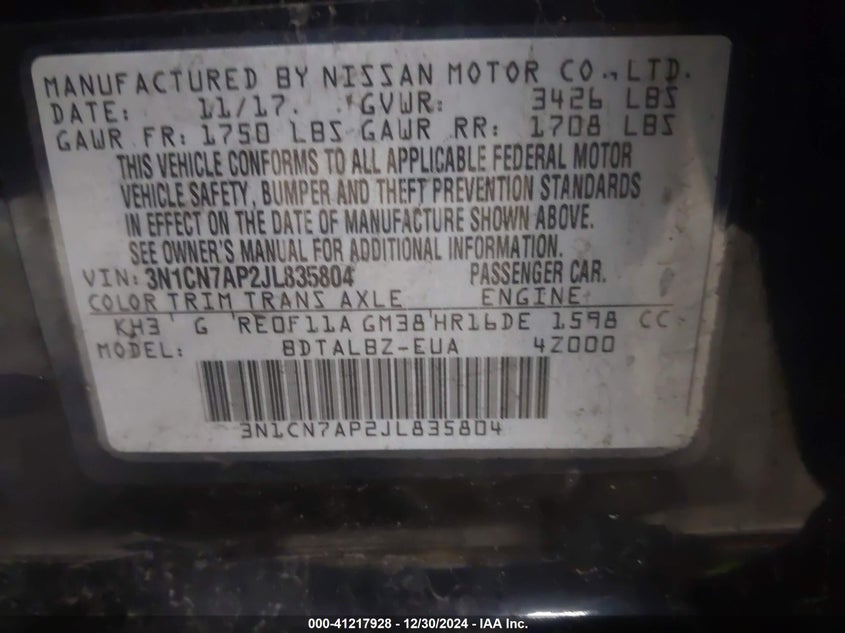 2018 NISSAN VERSA VIN: 3N1CN7AP2JL835804