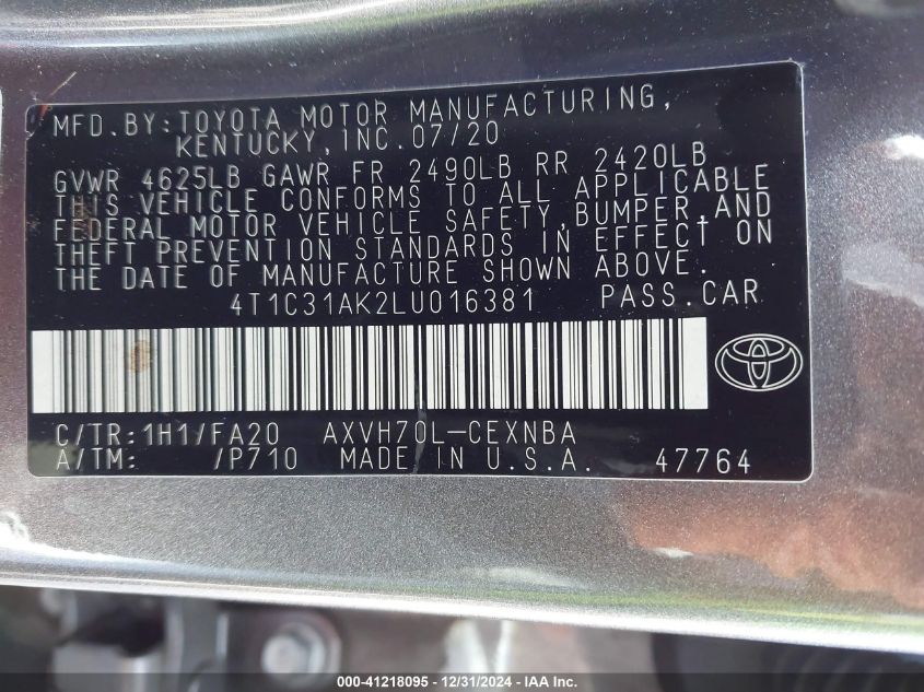 VIN 4T1C31AK2LU016381 2020 TOYOTA CAMRY no.9